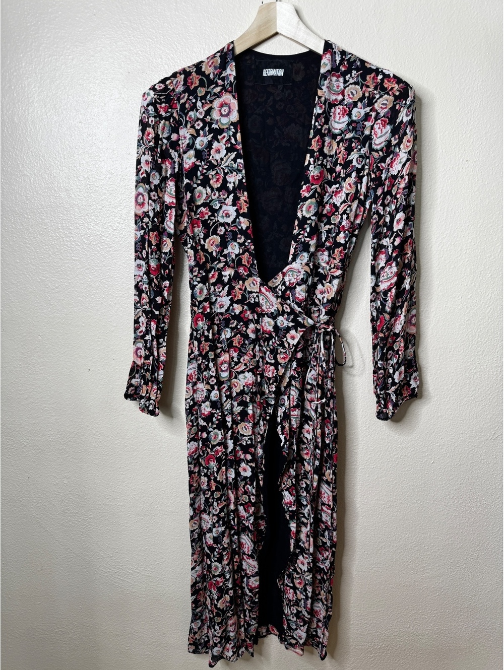 Reformation Womens S Black Floral Viscose Wrap Midi Dress Long Sleeve USA